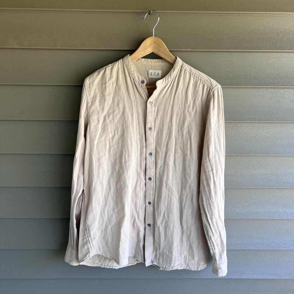 E.T.A 100% Cotton Gauze Button Up Shirt Small Beige Mandarin Collar Long Sleeve